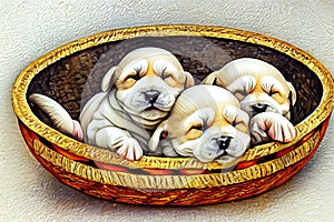 Three adorable newborn puppies in a basket