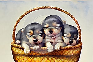 Three adorable newborn puppies in a basket