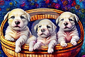Three adorable newborn puppies in a basket