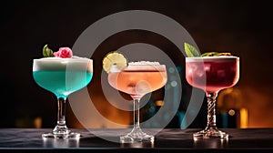 Generative AI, three different bright cocktails glasses on the bar