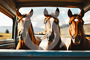 Generative Ai, three horses on a farmer's car close up face