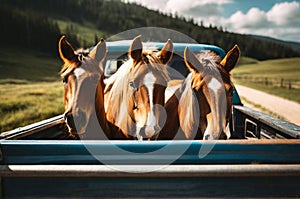 Generative Ai, three horses on a farmer's car close up face