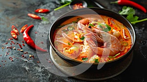 Generative AI Tom Yam kung spicy Thai soup with  prawn and coconut milk Traditional  asian spicy coconut milk soup