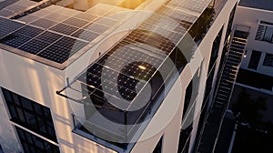 Generative AI a top down shot of a white building with solar panels on the roof, black windows and black metal sta