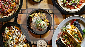 Generative AI A top down view of several TexMex entrees on a tile table surface business concept.