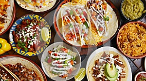 Generative AI A top down view of several TexMex entrees on a tile table surface business concept. photo