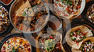 Generative AI A top down view of several TexMex entrees on a tile table surface business concept. photo