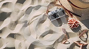 Generative AI Top view of beach accessories Straw hat bag sunglasses coral flip flops and camera on sand at tropic