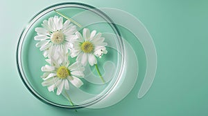 Generative AI Top view of camomile matricaria chamomilla decorated in petri dish and transparent podium with blank