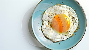 Generative AI Top view of delicious breakfast of fried egg with yellow yolk served on blue ceramic plate on table