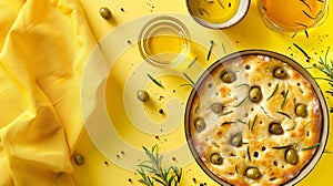 Generative AI Top view of flat leavened ovenbaked italian focaccia bread in pan served with fresh green olives and photo