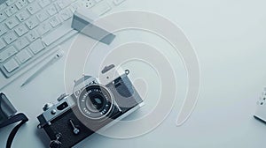 Generative AI top view office table concept with retro camera notebook and keyboard on white Color table backgroun