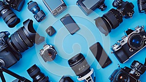 Generative AI Top View of Photographers Videographers or Video Bloggers Workplace Digital Gadgets Lying on Blue Ta