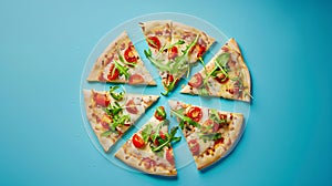 Generative AI Top view with a sliced pizza primavera on a blue table Vegetarian pizza flat lay Sliced pizza isolat