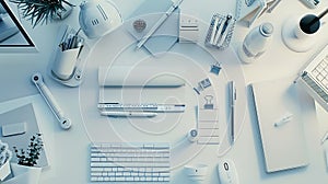 Generative AI top view of White office desk table with a lot of things on it business concept.