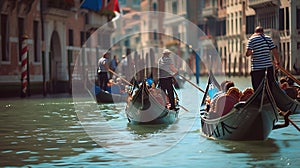 Generative AI Tourists travel on gondolas at canal Venice, Italy . Gondola trip is the most popular touristic acti