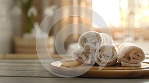 Generative AI Towels on wood plate with copy space blurred bathroom background For product display montage busines