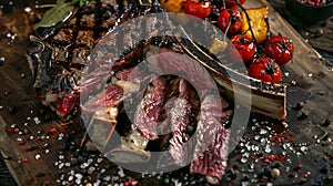 Generative AI Traditional barbecue dry aged wagyu porterhouse beef steak bistecca alla Fiorentina with grilled veg photo
