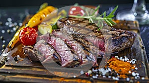 Generative AI Traditional barbecue dry aged wagyu porterhouse beef steak bistecca alla Fiorentina with grilled veg photo