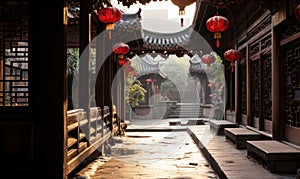 Traditional Chinese courtyard architecture with red lanterns hanging in a serene alleyway, embodying ancient cultural heritage and
