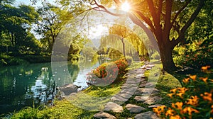 Tranquil Park Oasis: Colorful Summer Spring Landscape with Sunlit Lake, Lush Foliage, and Stone Path in Foreground