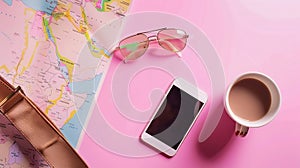 Generative AI Travel planning concept  map smartphone sunglasses and hot coffee cup on pink background top view wi