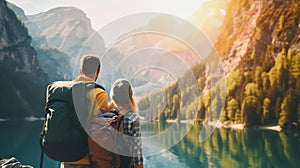 Generative AI Travelers couple look at the mountain lake. Travel and active life concept with team. Adventure and