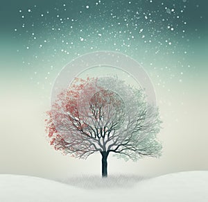 Generative AI: trees in the white meadow. Beautiful winter landscape