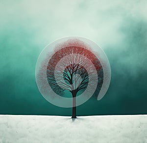 Generative AI: trees in the white meadow. Beautiful winter landscape