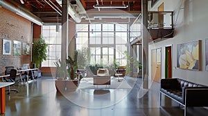 Generative AI Trendy modern open concept loft office space with big windows natural light and a layout to encourag photo