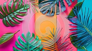 Generative AI Tropical bright colorful background with exotic painted tropical palm leaves Minimal fashion summer