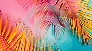 Generative AI Tropical bright colorful background with exotic painted tropical palm leaves Minimal fashion summer