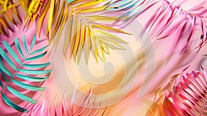 Generative AI Tropical bright colorful background with exotic painted tropical palm leaves Minimal fashion summer