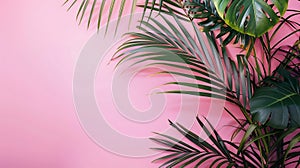 Generative AI Tropical palm leaves on pink background Minimal nature summer concept Flat lay business concept.