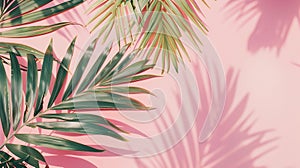 Generative AI Tropical palm leaves on pink background Minimal nature summer concept Flat lay business concept.