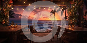 Generative AI, Tropical summer sunset beach bar background. Outdoor restaurant, Led light candles and wooden tables