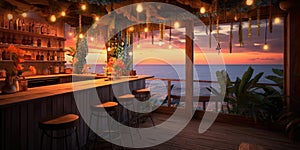 Generative AI, Tropical summer sunset beach bar background. Outdoor restaurant, Led light candles and wooden tables