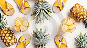 Generative AI Tropical summer vacation concept with pineapple juice and flip flops organized on white background V