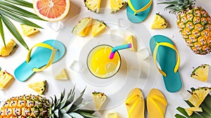 Generative AI Tropical summer vacation concept with pineapple juice and flip flops organized on white background V