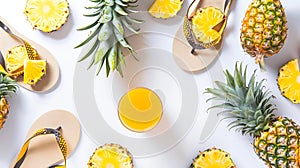 Generative AI Tropical summer vacation concept with pineapple juice and flip flops organized on white background V