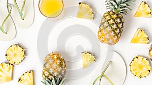 Generative AI Tropical summer vacation concept with pineapple juice and flip flops organized on white background V