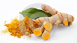 Generative AI Tumeric root with green leaf and turmeric powder isolated on white background Top view Flat lay busi