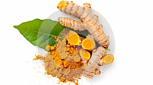 Generative AI Tumeric root with green leaf and turmeric powder isolated on white background Top view Flat lay busi