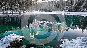 Generative AI Turquoise frozen water of Lake Carezza Karersee in Western Dolomites Italy Beautiful close up view w