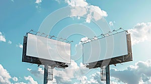 Generative AI Two blank white billboards or large displays on tower and clouds against blue sky  mock up image Moc