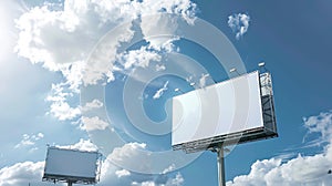 Generative AI Two blank white billboards or large displays on tower and clouds against blue sky  mock up image Moc