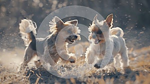 Generative AI two small dogs playing together outdoors business concept.