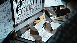 Generative AI UI UX website development team sketching wireframe layout for responsive web content in studio busin