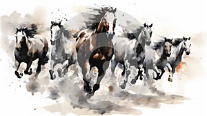 Generative AI, Unbridled Freedom: Watercolor Drawing of a Herd of Wild Horses