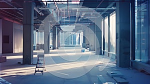 Generative AI An under construction office building interior. A huge hall with panoramic windows being constructed
